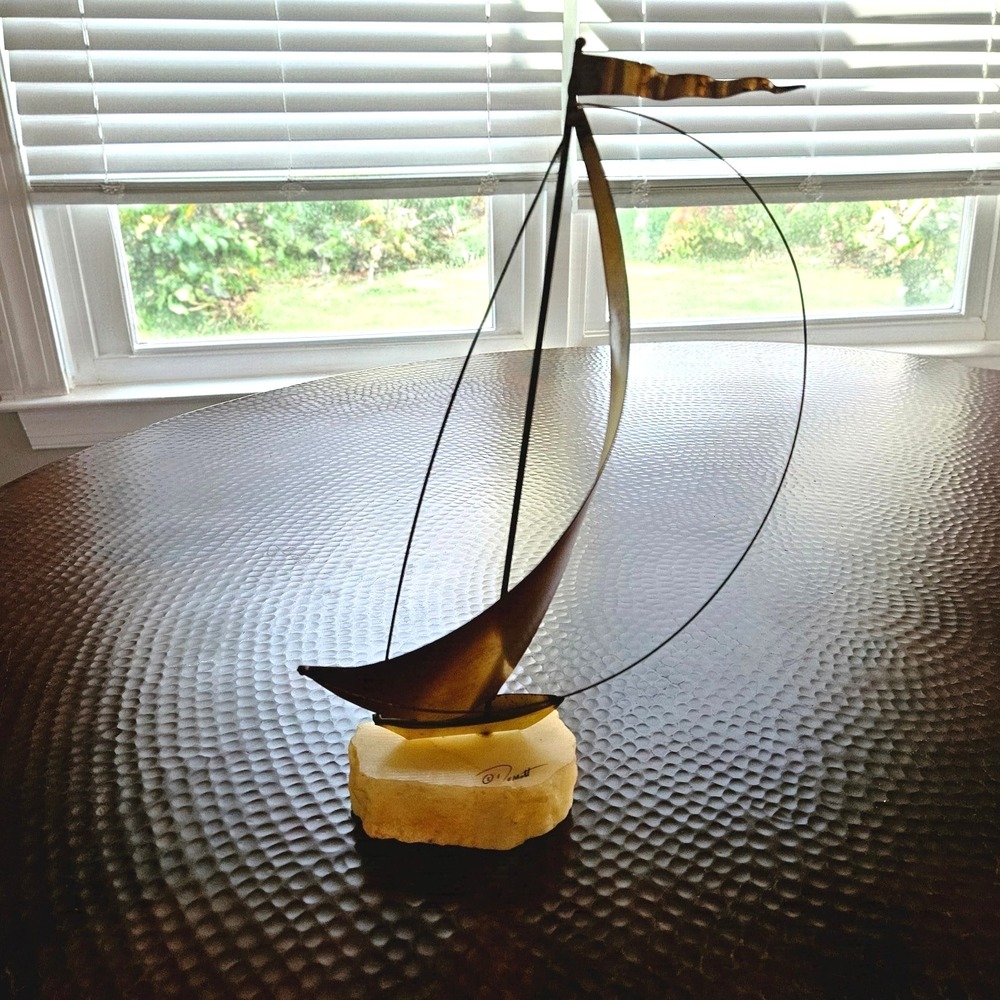 Vintage DeMott Signed Brass Sailboat 13" • Onyx Base • MCM Fluid Lines - Picture 4 of 8